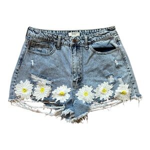Forever 21 Frayed Blue Jean Shorts with White Daisy Accents